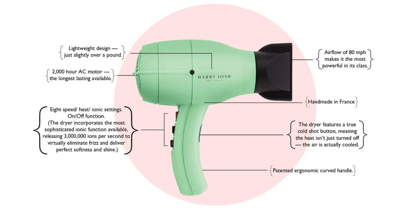 Harry Josh Pro Dryer features – lightweight design, powerful motor, multiple heat settings, ionic technology